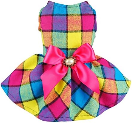 Fitwarm Vintage Plaid Pet Clothes Dog Dress Ribbon Dog Vest Shirts Apparel, XXS