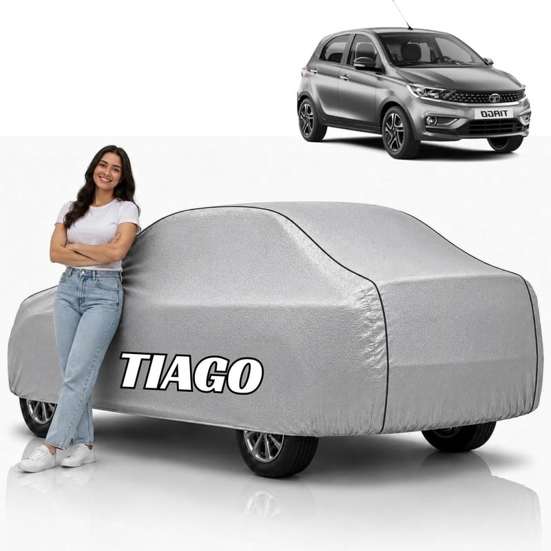 Image of Mind-Blowing 2026 100% Waterproof Tiago Car Cover | Polyester Car Body Cover for Rain & Sun | UV Protection, Dustproof, Scratch Resistant, Windproof, Heat Resistant, Custom Fit (Silver)