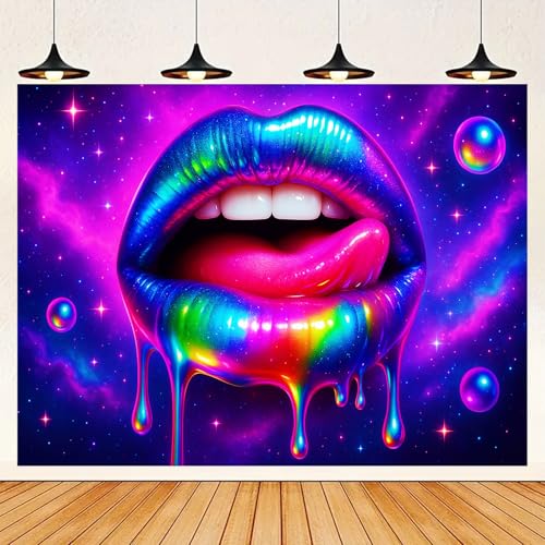 Image of BlissYard Neon Lips Galaxy Blacklight Tapestry Glow In The Dark UV Reactive Wall Hanging With Psychedelic Space Drip Poster Black Light Tapestries For Bedroom Party Decor 78x59 Inch