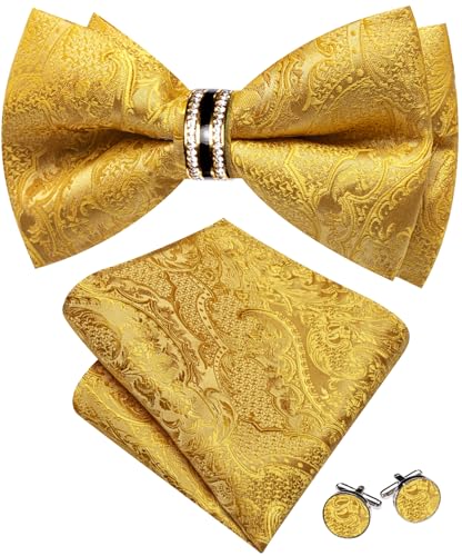 Image of YOHOWA Mens Bow Tie Set Paisley Pre-tied Bowties Adjustable with Handkerchief Cufflinks Gold Ring Set Wedding Prom Party