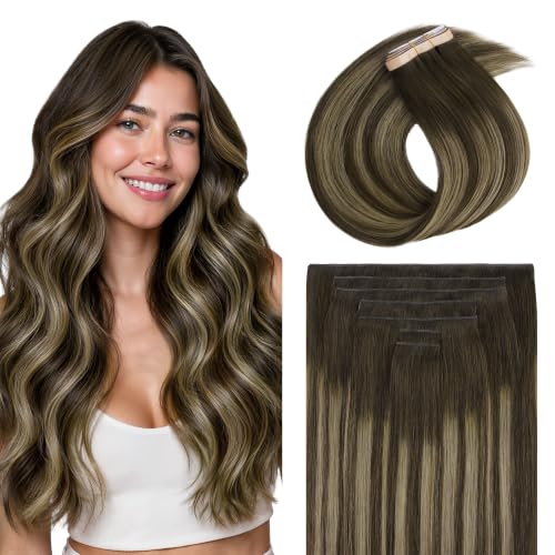 Image of GOO GOO Tape In Weft Hair Extensions Human Hair, Genius PU Long Weft Tape In Hair Extensions Real Human Hair, Silky Easy to Use, 4 /26 /4 Balayage Chocolate Brown to Honey Blonde 20 inch 120g 7pcs
