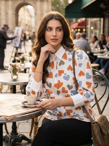 Image of GRECIILOOKS Printed Shirts for Women`s | Stylish Heart Print Full Sleeve Shirt for Women | Comfortable Rich Collared Womens Shirt |Casual Trendy Outfit