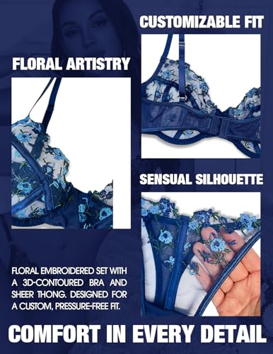 Image of Lingerie Sexy Bra and Panty Set for Women See Through Sheer Underwear Cute Exotic Floral Embroidery Babydoll Set