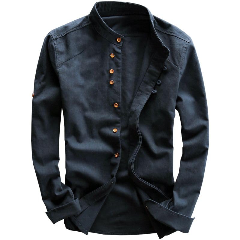 Camisa de lino informal corte entallado primavera cuello mandarín 6