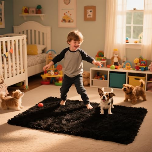 Small Bedside Rug, 2x3 Non Slip Fluffy Shaggy Entryway Throw Rugs for Bedroom Living Room, Indoor Floor Carpet for Kids Girls and Boys, Nursery Rooms Mat, Home Decor Aesthetic, Black