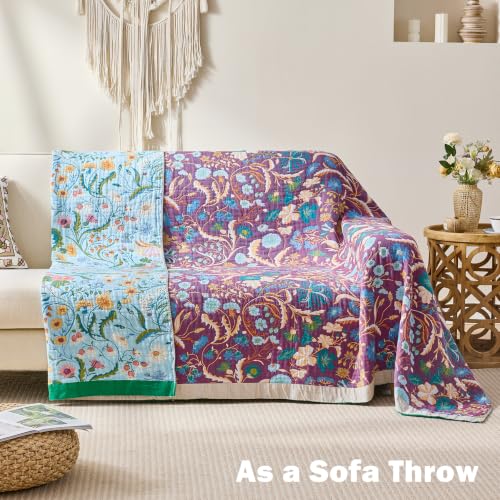 Image of VANJOROY King Boho Throw Blanket, 100% Organic Cotton Breathable Skin-Friendly Ultra Soft 91 inch x 98 inch Bed Quilt Blue Throw - Floral Rustic Luxury Reversible Blanket for Sofa Couch Chair and Gift