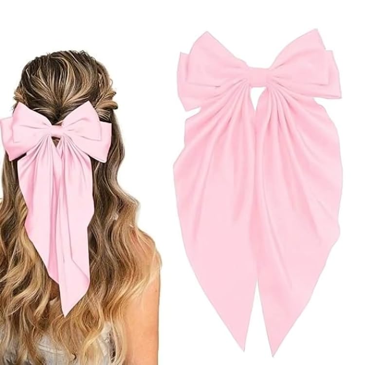Image of Big Satin Layered Hair Bows for Women Girls 11.5 Inch Barrette Hair Clip Long Back Ribbon Bows French Style Hair Accessories (Cream,BabyPink)