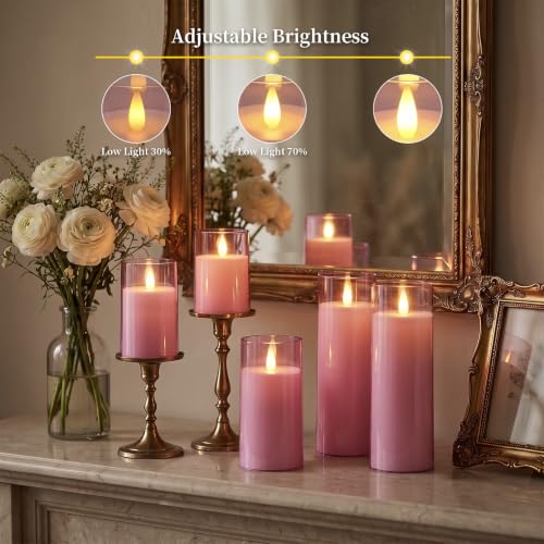 Image of Homemory Realistic Flickering Flameless Pink Candles with Remote & Timer | LED Fake Electric Pillar Candles Battery Operated for Home, Wedding, Christmas Decor, Set of 5