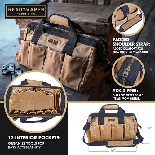 Readywares Tool Bag, Heavy Duty Waxed Canvas Toolbag for Gear, Tools, Supplies and Equipment (15", Tan) by Readywares - Image 7