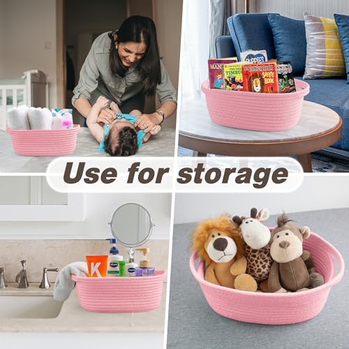 Image of Pro Goleem Small Woven Basket with Gift Bags and Ribbons Durable Baskets for Gifts Empty Small Rope Basket for Storage 12 inchX 8 inch X 5 inch Baby Toy Basket with Handles, Pink