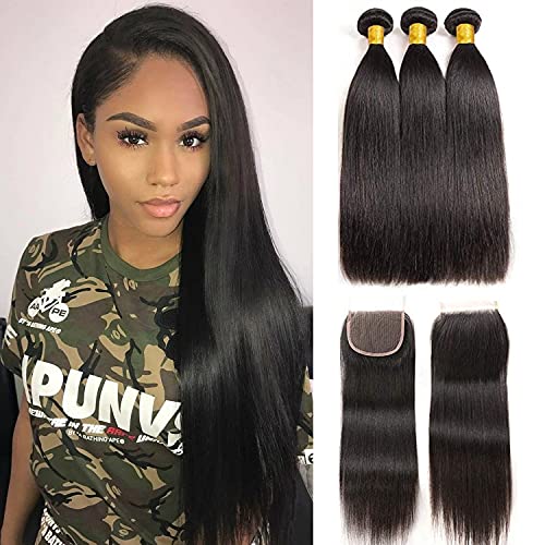 Brazilian Straight Bundles with Closure Human Hair Extension for Black Women 100% Unprocessed Human Hair Bundles with 4x4 Free Part Lace Closure 16 18 20+14Inch Natural Color