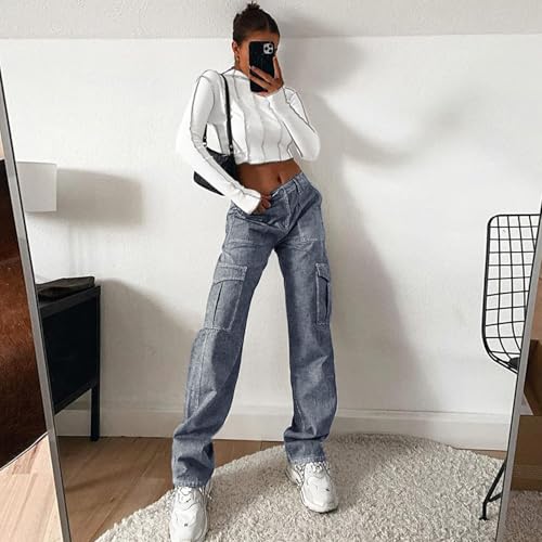 Image of Lepunuo Cargo Pants for Women High Waisted Casual Pants Baggy Stretchy Wide Leg Y2K Streetwear with 6 Pockets