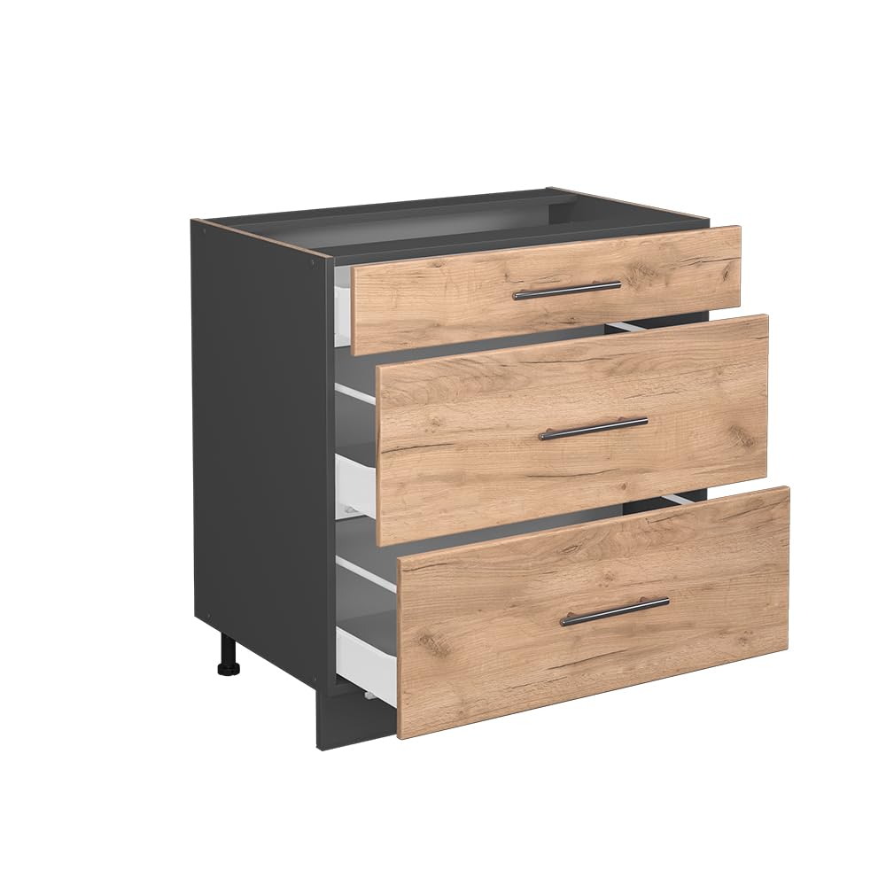Vicco Mueble bajo de Cocina Fame-Line, Roble Dorado, 80 cm con 3 cajones, sin encimera, para Combinar con Otros módulos de la Serie Fame-Line