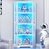 BROTTAR Corner Display Cabinet with Glass Doors, 65' Lighted Curio Display Case with 3 Color Lights for Collectibles, Books, 4-Tier Bookcase with Human Body Sensor, White