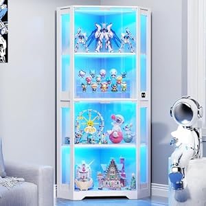 BROTTAR コーナーディスプレイキャビネット ガラスドア付き 65インチ 照明付き キュリオ ディスプレイケース 3色ライト付き 収集品 本 4段本棚 人体センサー付き ホワイト