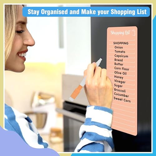 Image of Clickedin Magnetic Shopping List Grocery Fridge Magnet, 10x24 cm Acrylic Board with Marker (Papaya Orange)