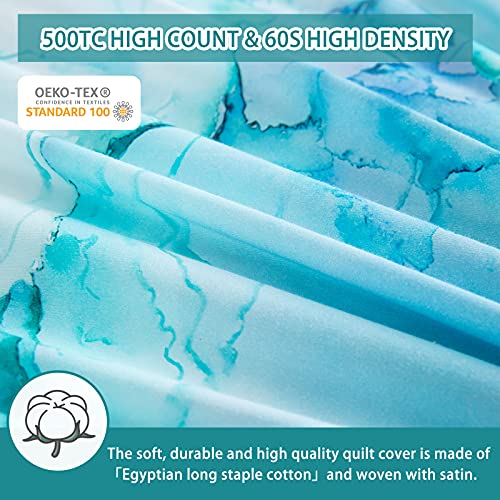 MILDLY 100% Long-Staple Cotton Duvet Cover Set Aqua Watercolor Marble Pattern Printed Comforter Cover 3pcs, Ultra Soft & Breathable Bedding Set
