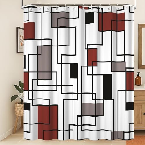 Xiaoterna Geometrischer Duschvorhang Abstrakter roter & schwarzer Badvorhang Moderne Einfachheit Geometrische Quadrat Wasserdicht Maschine waschbar Duschvorhang für Badezimmer 180x200cm