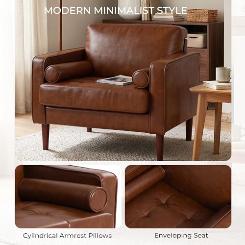 Image of Faux Leahter Accent Chairs Stet of 2, Comfy Upholstered Armchairs for Living Room, Modern Bedroom Reading Seat with 2 Bolster Pillows, Brown