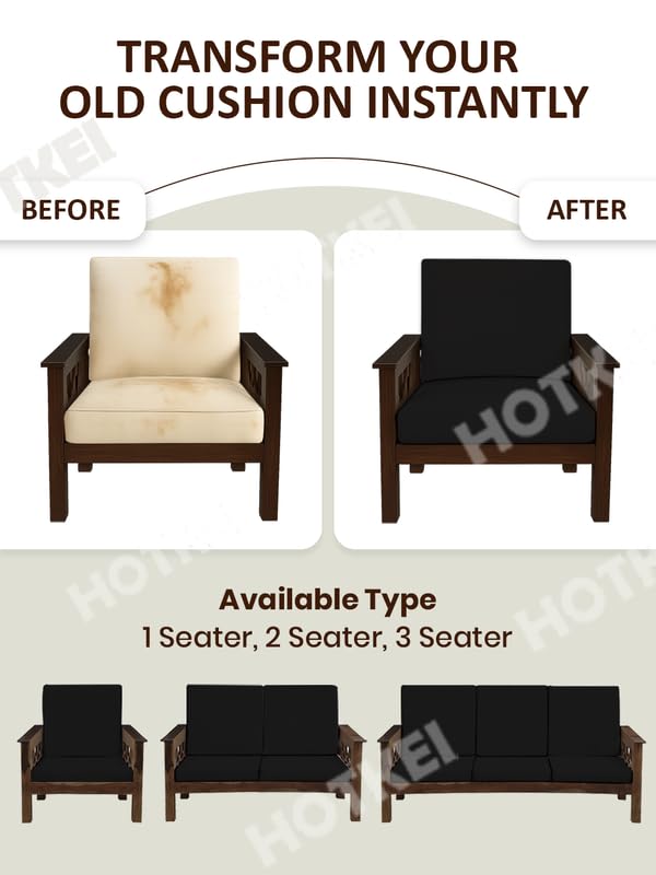 Image of HOTKEI Black (Pack of 2) 200 GSM Fabric Wooden Sofa Seat Cover Elastic Stretchable Cushion Seat Slip Cover Protector for Wooden Sofa Set 1 Seater Antislip Full Covers for Living Room
