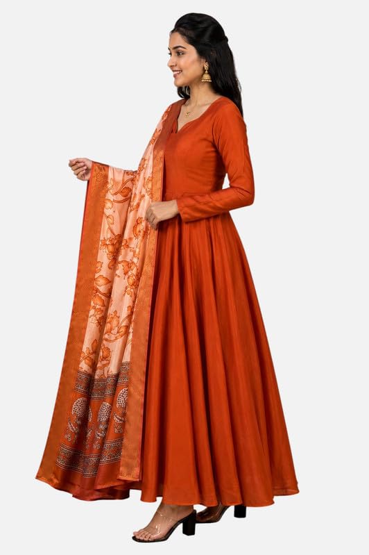 Image of Women's Ethnic Anarkali Kurta Set | Premium Vichitra Silk Gown with Printed Mayura Silk Kalamkari Dupatta Brown