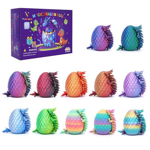 VIVANOVA 12 pcs 3D Printed Dragon Eggs with Dragon Inside, include 1 Glow in the Dark, Articulated 3D Printed Fidget Toys, Collectible Surprise Egg Mini Dragon Set, Party Favor Gift for Teens & Adults