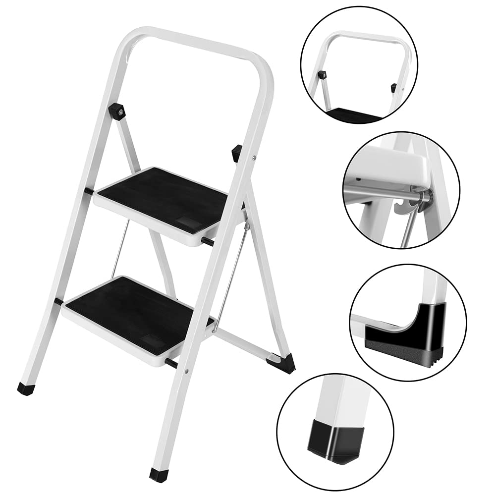 Bakaji Escabeau Pliable carré Gain de Place avec marches antidérapantes et poignée de sécurité Tabouret échelle Structure en Acier et revêtement en Caoutchouc, Charge maximale 150 kg (2 marches)