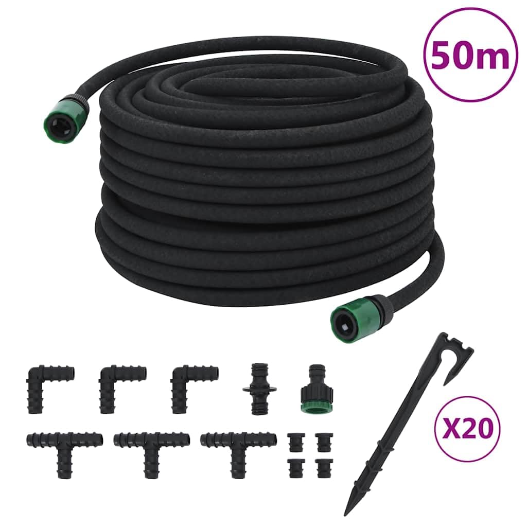 Tropfschlauch Schwarz 0,6 Zoll 50 m Gummi Gartenschlauch flexibel knickfrei dehnbar mit Anschluss Kupplung für Bewässerung Terrasse Balkon Beet Outdoor Pflanzen