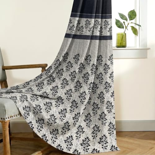 Image of Home Sizzler 2 Pieces Dual Tone Botanical Print Polyester Semi- Transparent Eyelet Door Curtains- 7 Feet, Black