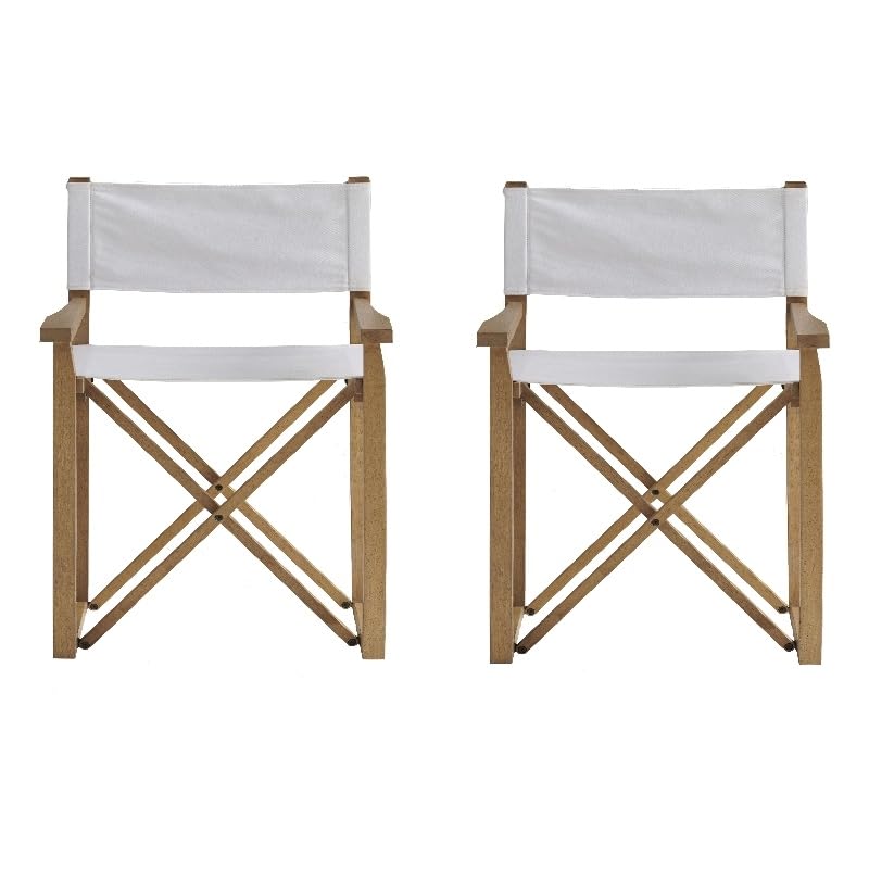 Set of 2 Tan Solid Wood Universal Director's Arm Chair in White Stretch Canvas
