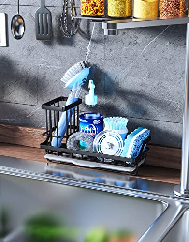 Consumest Sponge Holder For Kitchen Sink, Sink Caddy Kitchen Sink Organizer With Removable Drip Tray For Countertop Dish Soap Holder Dispenser Brush Holder, 304 Stainless Steel - Black #TOP3