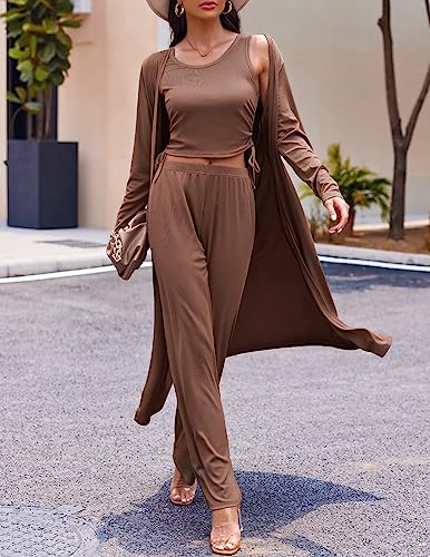 Image of Ekouaer Women's 3 Piece Lounge Set Pajama Long Sleeve Cardigan Sleeveless Top Pants Sweatsuit S-XXL