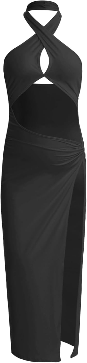 Womens Maternity Photoshoot Dress Halter Tie Knot Cut-Out Backless Maternity Maxi Gown