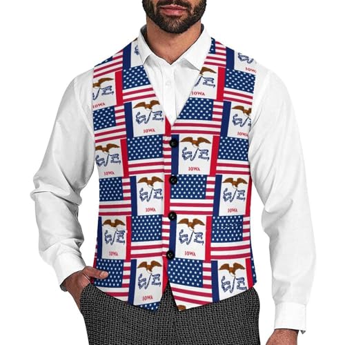 Flag of Usa And Iowa Suit Vest for Men Waistcoat Dressy V Neck Button Down Sleeveless Business Jacket Coat