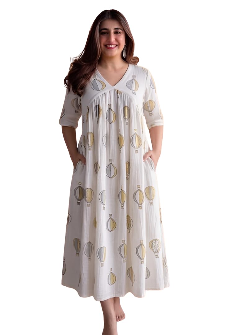 Women's Printed Cotton Blend A-Line Maxi Dress with V Neck, 3/4 Sleeves, Side Pockets, Balloon Print Casual Long Dress Casual Outings-image-38