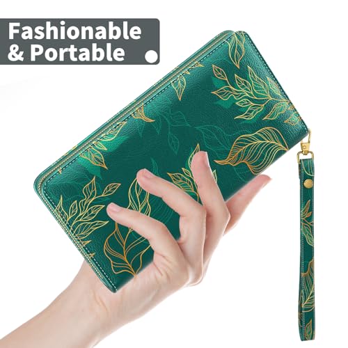 Image of Nipichsha Womens Wallet, RFID Wristlet Wallet for Women, Cute Ladies Purse, Large Credit Card Clutch Wallets, Leather Card Holder Wallets with Zipper & Phone Holder, Luxury Green Leaf, Luxury Green