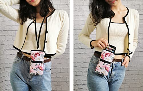Image of Tainada Women Cell Phone Neoprene Shockproof Zipper Sleeve Case Bag Pouch w /Carabiner, Neck Lanyard, Belt Loop Holster for iPhone 17 /16 Pro Max, Air, 16 /15 Plus, 16e ; Samsung S25+, S24 (Pink Floral)