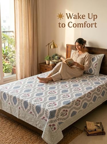 Image of Mafatlal 144 TC Heritage 100% Cotton Bedsheet for Twin Bed & Single Size Bed with Pillow Cover (90x60 inches), Jaipuri Rajasthani Design, Extra Soft & Wrinkle Free| Soft Blue