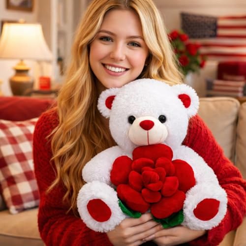 BEJOY Teddy Bear Stuffed Animals Plush Bear Holding Rose Soft Plush Toy Gifts 16 inches White - Image 3