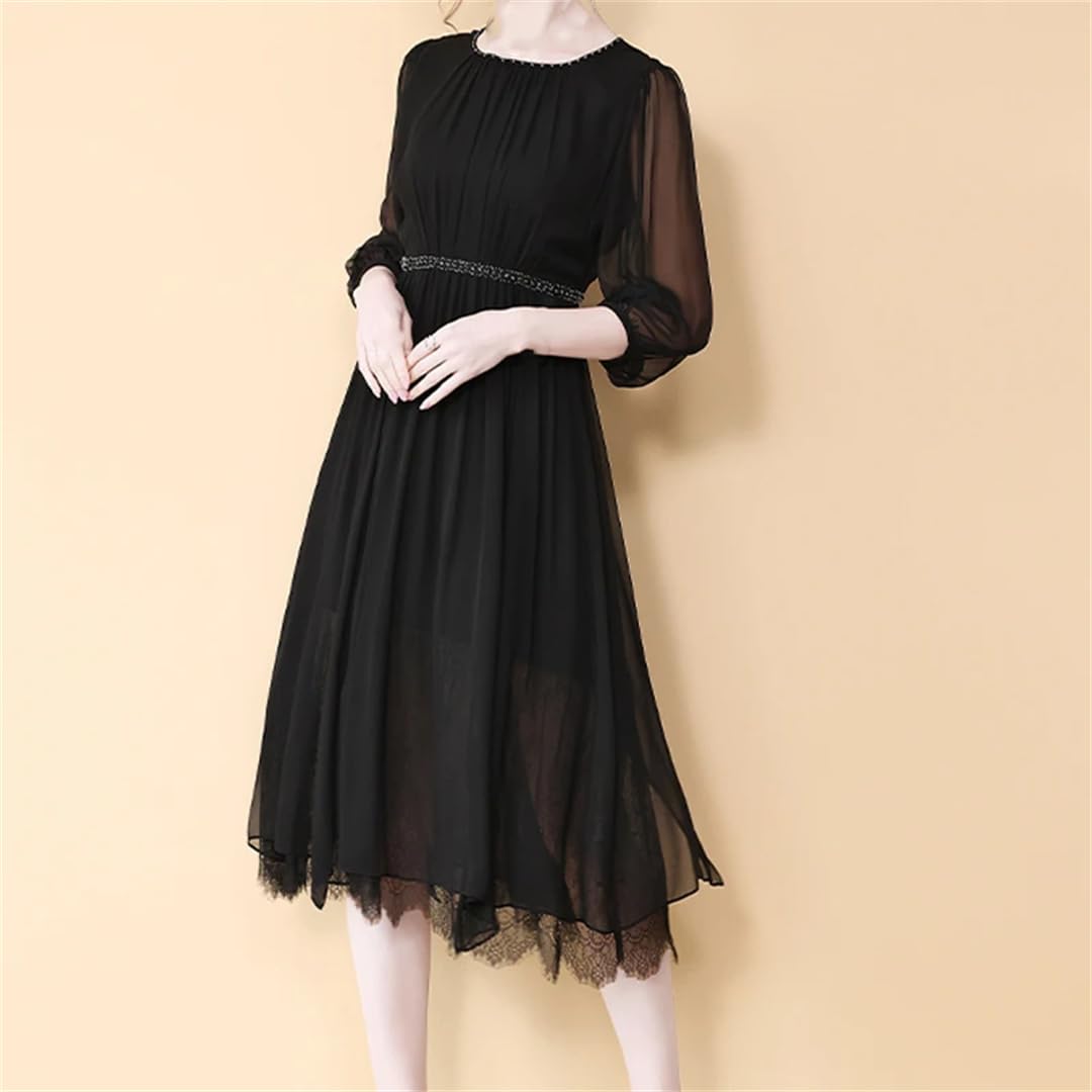 Maxi abito da donna in pizzo di seta tinta unita girocollo mezza manica fluida slim fit abito casual