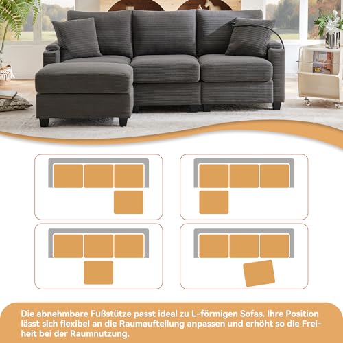 Arhatreya 3 Sitzer L-förmiges Sofa Gästesofa Modern Couch mit 2 Kissen, 3er Sitzsofa mit Getränkehalter Fußhocker und Getränkehalter, Ecksofa für Wohnzimmer, Schlafzimmer, Buros, Cordstoff, Grau – Bild 5