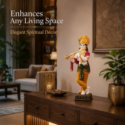 Image of ARMONIA Lord Krishna Idol Marble Dust Statue Murti | Krishana Sculpture for Home Decor, Pooja, Mandir & Gifting Item |Best Gift for Housewarming (14.9 Inches, Multicolor) (Including Microfiber Cloth)