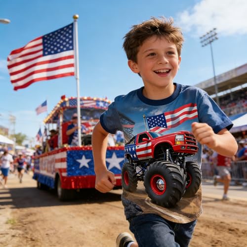 Image of Boys 4th of July Shirt American Flag Tshirt for Kids USA Flag Outfits Toddler Patriotic Tee Monster Truck Top T-Shirt 3-10T