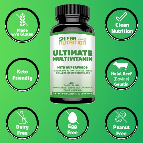Shifaa Nutrition Halal Multivitamins For Women, Men & Adults, 30 Servings | Iron, Vitamin A, B6, B12, Biotin, Niacin, C, D3, E, Zinc, Calcium, Folic Acid, Coq10 | Halal Vitamins #TOP7