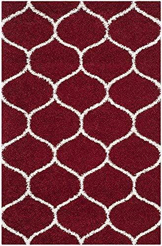 Image of Fur Shaggy Rectangular Rugs And Carpets, Modern Plush Area Rug For Bedroom Living Room Floor Mat Bedside Home Decor Carpet (6X8 Feet, Red|Ivory)