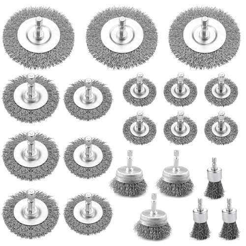 21 Stück Drahtbürste Bohrmaschine Set 6mm Drahtbürste Akkuschrauber Stahlbürsten Akkuschrauber Drahtbürsten Set mit Sechskantstange für Rost Polieren Entgraten und Reinigen