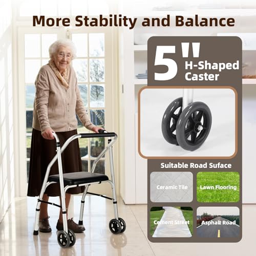 Standard-WalkerAluminum-Folding-Lightweight-Walkers-with-Seat-Support-up-to-350lbsAdjustable-Height-Walker-with-5-inchesTwin-Wheels-Narrow-Walkers-for-SeniorsHandicappedBlackYMX8236XC