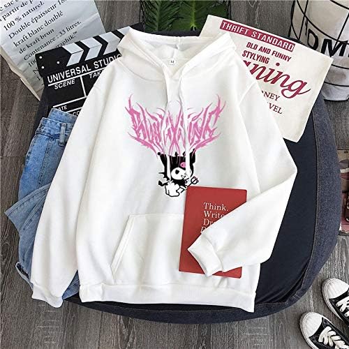 Harajuku Cartoon Cute Funny Print Short Sleeve Kuromi Hoodie Top Autumn Street Wear O-Neck Sweet Girl Hoodie (Color : White, Size : XXL)