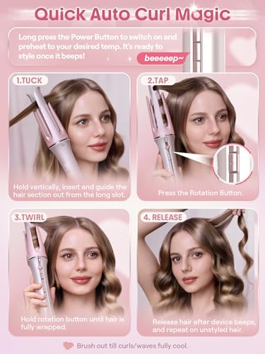 SHEGLAM Rizador automático de con revestimiento de cerámica Rosa, 3 niveles de temperatura (170-210°C), calentamiento rápido – Enrollador de rizos giratorio automático para rizos (25mm) - imagen 4