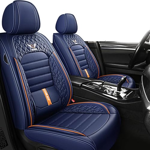 VIUDMEK Only 2 Front Leather Car Seat Covers for Ford EcoSport 2018-2022,Waterproof Automotive Seat Cushions Covers,Universal Anti-Slip Seat Cover with Lumbar Pillows(Blue&Orange,Standard)